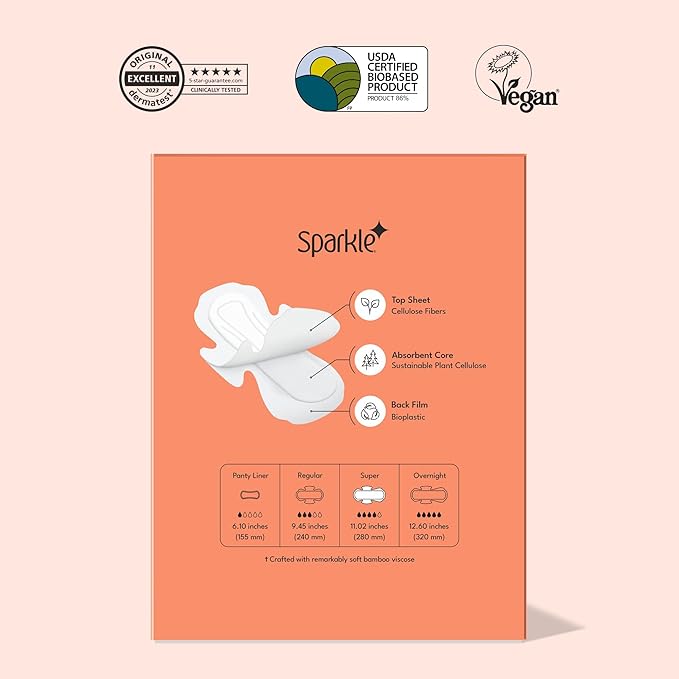 Sparkle Bamboo Maxi Pads | Plant-Based Feminine Hygiene Pads for Women | Super Soft & Leak-Proof with Wings | USDA Certified Biobased, Chlorine-Free, Hypoallergenic Protection | Super, 40 Count