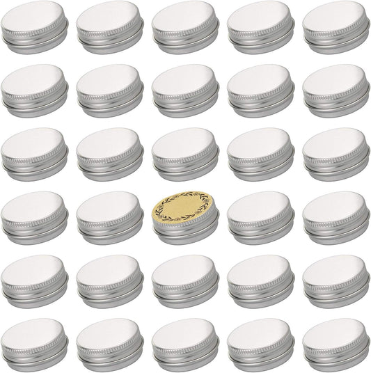 0.5 oz Screw Top Aluminum Tin Jar with Screw Lid and Blank Labels (Silver - Pack of 32)