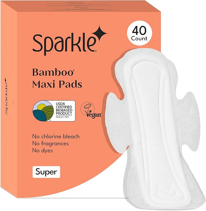Sparkle Bamboo Maxi Pads | Plant-Based Feminine Hygiene Pads for Women | Super Soft & Leak-Proof with Wings | USDA Certified Biobased, Chlorine-Free, Hypoallergenic Protection | Super, 40 Count